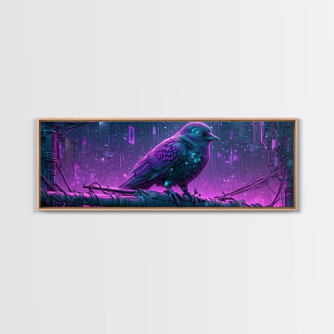 Robot Bird Perched on Antenna Framed Canvas Print, Scifi Art, Gallery Decor, Living Room Decor, Fine Art, Orbit, Wall Art, SCI-3x1-15