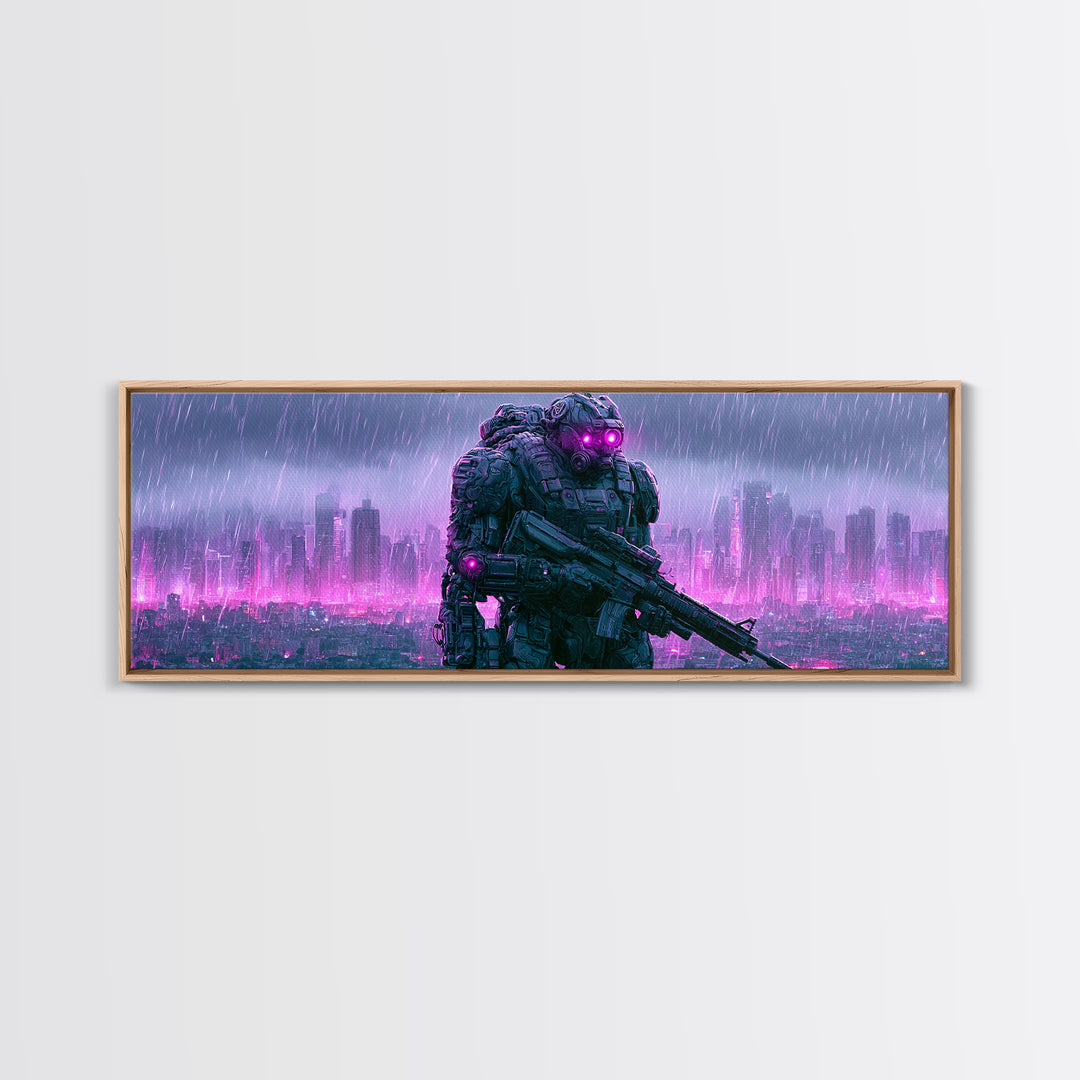 Mech Silhouette in Rainy Neon City Canvas Print, Scifi Art, Textured Painting, Living Room Decor, Abstract Art, Orbit, SCI-3x1-31