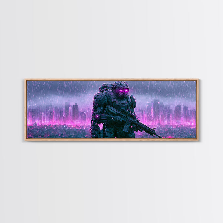 Mech Silhouette in Rainy Neon City Canvas Print, Scifi Art, Textured Painting, Living Room Decor, Abstract Art, Orbit, SCI-3x1-31