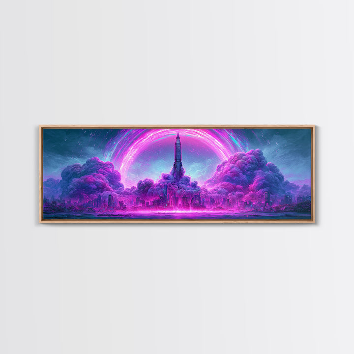 Retro Rocket Launching Through Cloud Rings Framed Canvas Print, Scifi Art, Decor, Living Room Decor, Oil Painting, Orbit, SCI-3x1-47