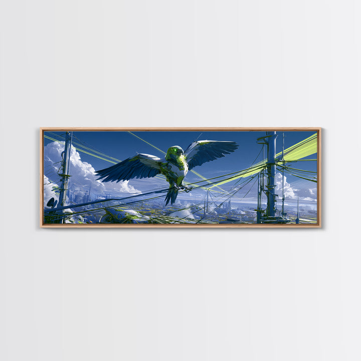 Robot Bird Perched on Antenna Framed Canvas Print, Scifi Art, Minimalist Decor, Living Room Decor, Fine Art, Orbit, Ai Art, SCI-3x1-63