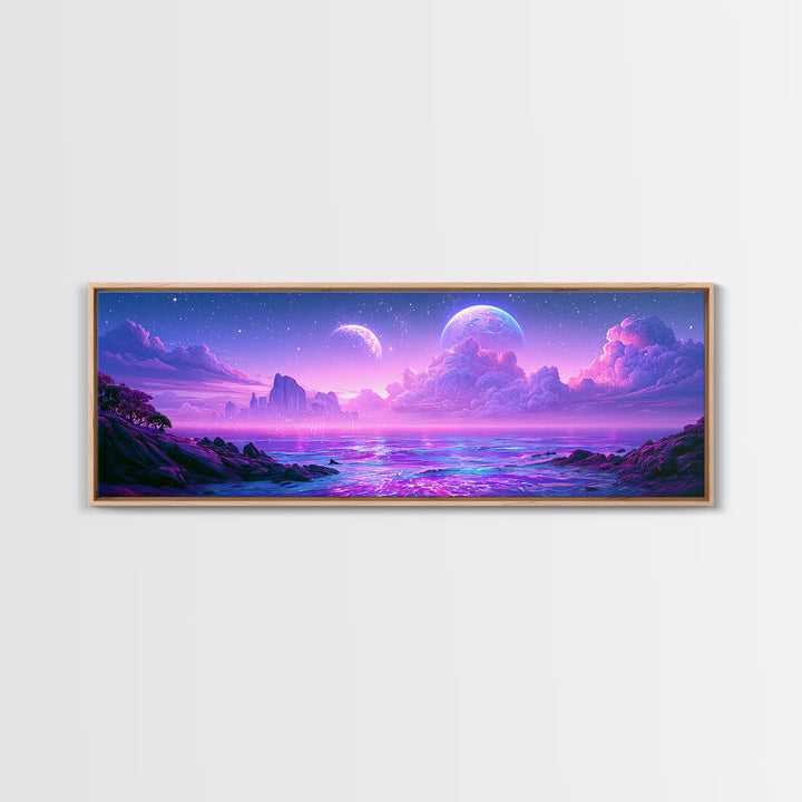Alien Ocean with Two Moons Framed Canvas Print, Scifi Art, Fantasy Art, Living Room Decor, Oil Painting, Orbit, SCI-3x1-77