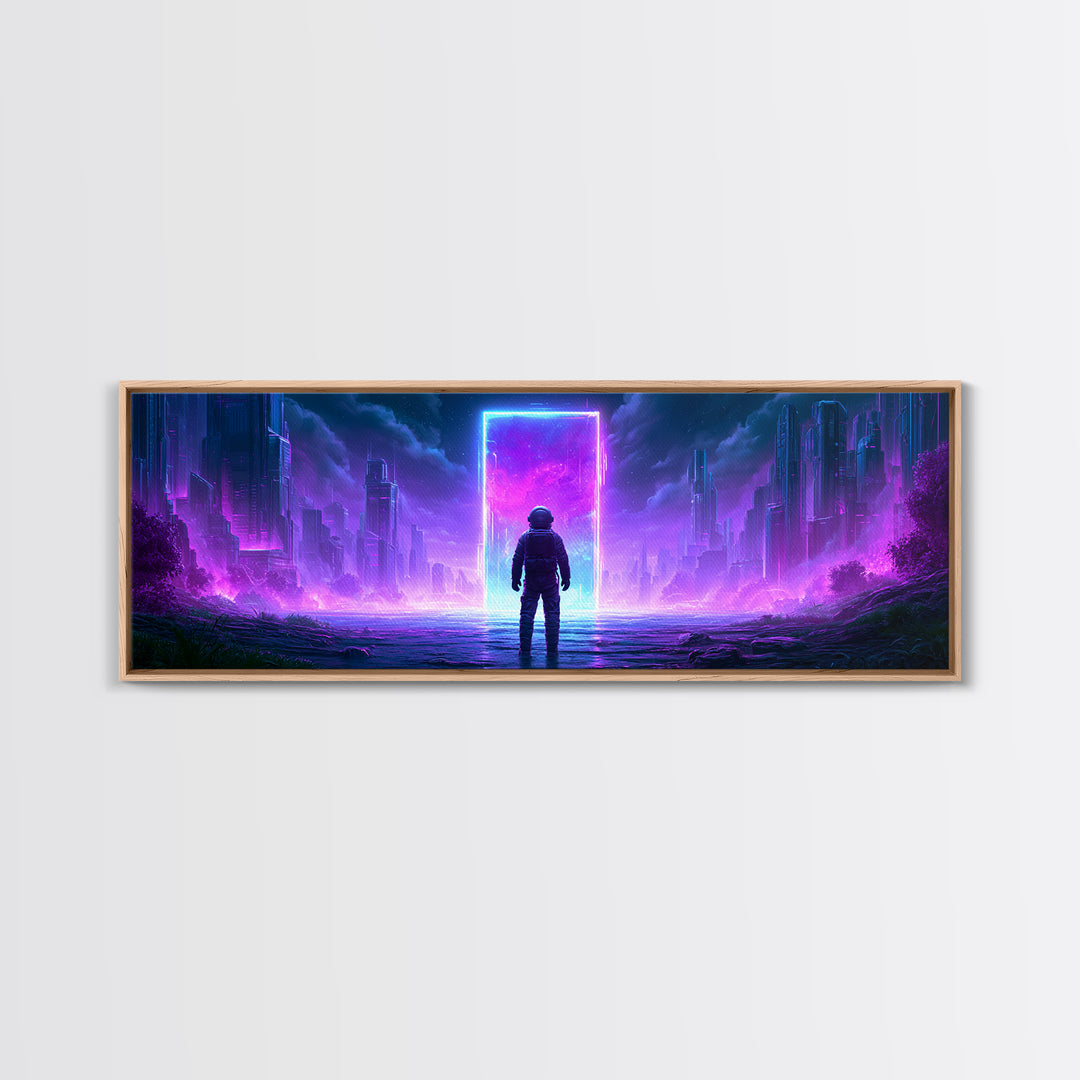 Astronaut Standing Before a Glowing Monolith Framed Canvas Print, Scifi Art, Space Art, Living Room Decor, Fine Art, Orbit, SCI-3x1-90