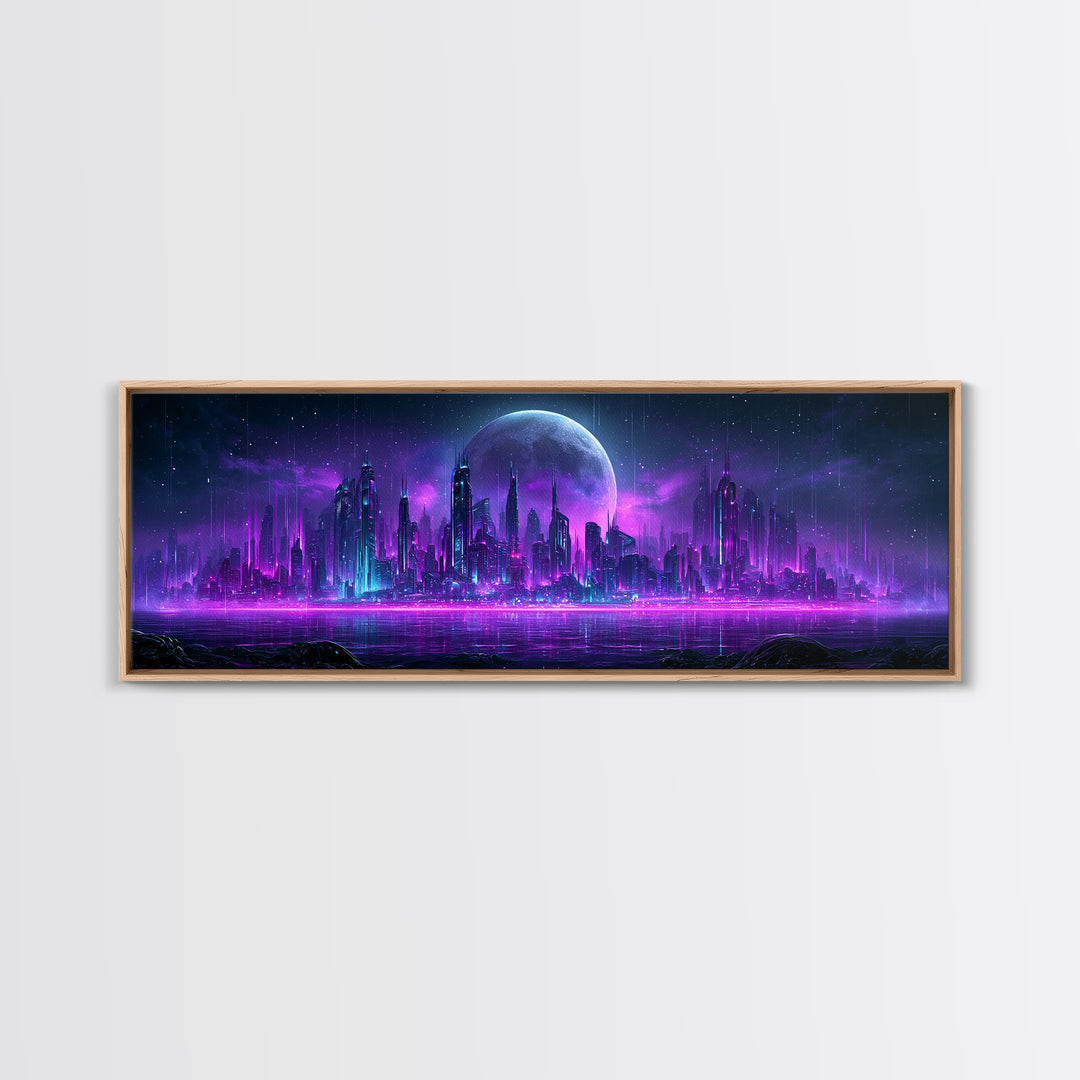 Futuristic City on a Moonlit World Canvas Print, Scifi Art, Posters, Living Room Decor, Orbit, Pop Art, Mid Century Art, SCI-3x1-91
