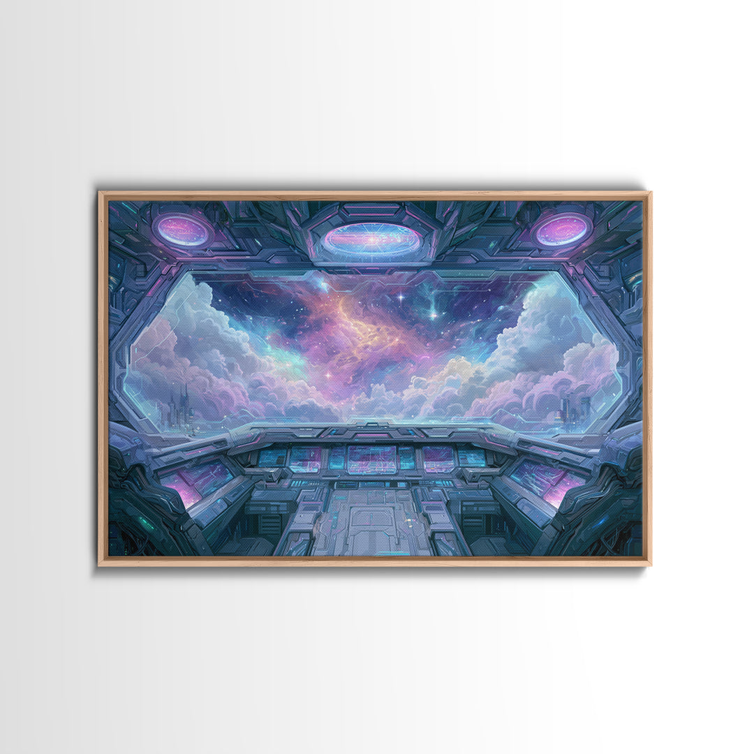 Starship Cockpit View of Nebula Clouds Framed Canvas Print, Scifi Art, Mid Century Art, Living Room Decor, Fine Art, Orbit, SCI-3x2-15