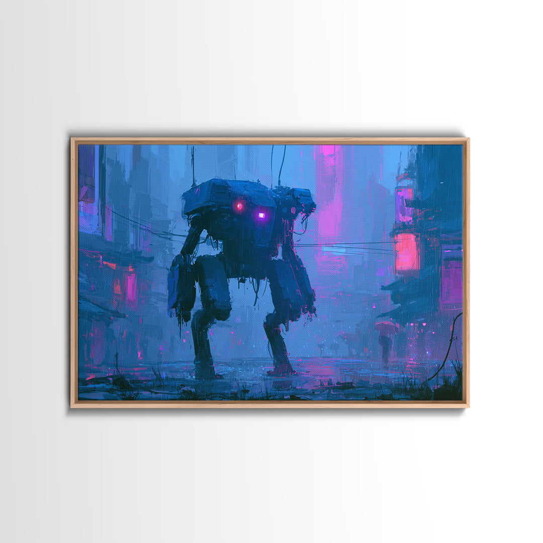Mech Silhouette in Rainy Neon City Canvas Print, Scifi Art, Textured Painting, Living Room Decor, Abstract Art, Orbit, SCI-3x2-43