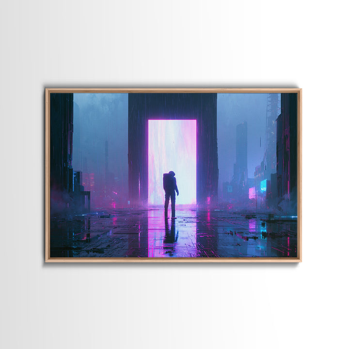 Astronaut Standing Before a Glowing Monolith Framed Canvas Print, Scifi Art, Modern Art, Living Room Decor, Fine Art, Orbit, SCI-3x2-6