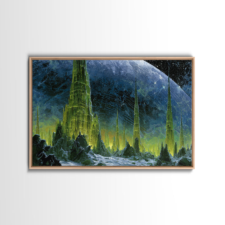 Terraforming Towers on a Silent Planet Framed Canvas Print, Scifi Art, Living Room Decor, Abstract Art, Orbit, SCI-3x2-64