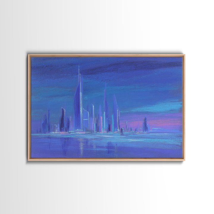 Mech Silhouette in Rainy Neon City Framed Canvas Print, Scifi Art, Retro Wall Art, Living Room Decor, Oil Painting, Orbit, SCI-3x2-91