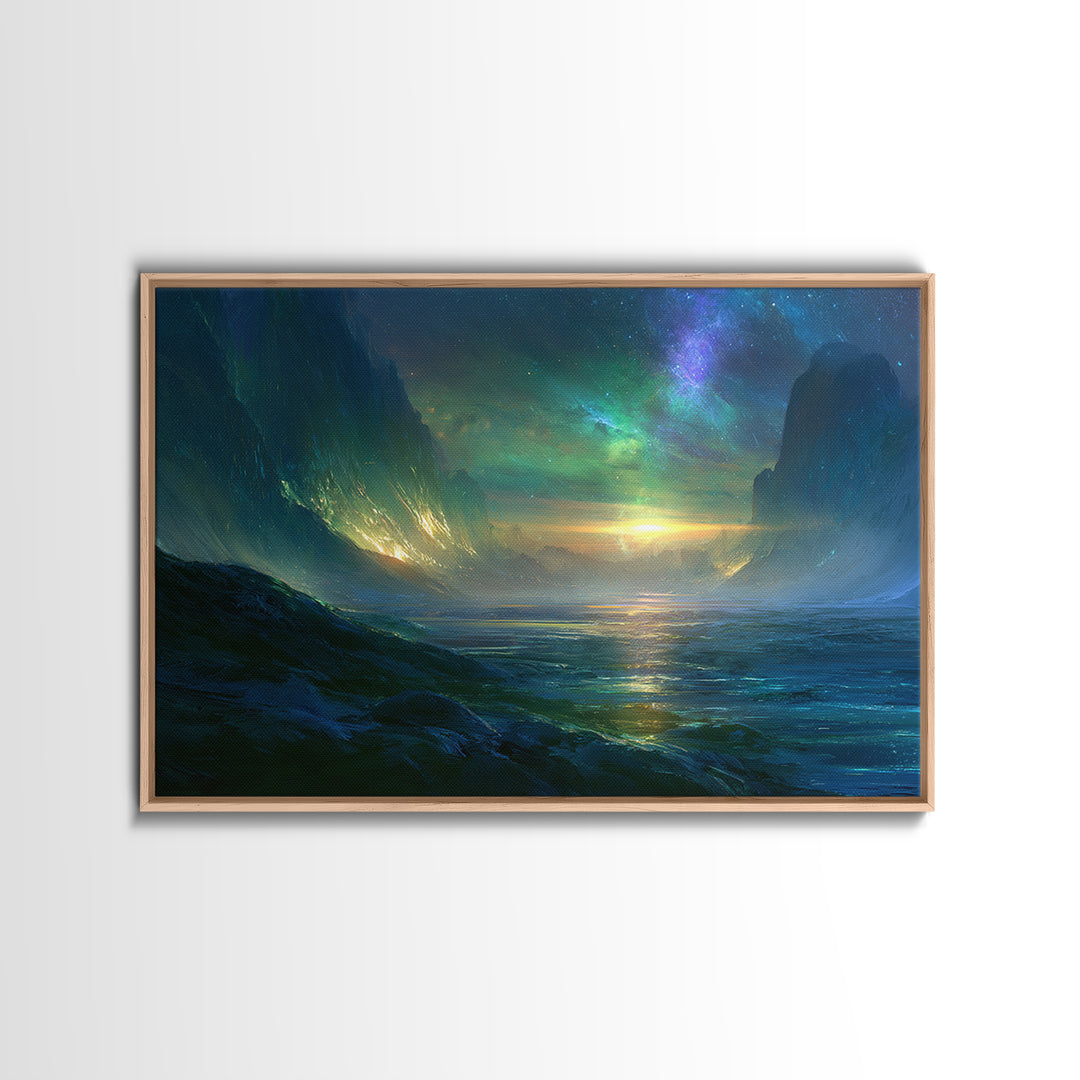 Planetary Sunrise over Ice Cliffs Canvas Print, Scifi Art, Fantasy Art, Living Room Decor, Fine Art, Orbit, Textured Painting, SCI-3x2-98