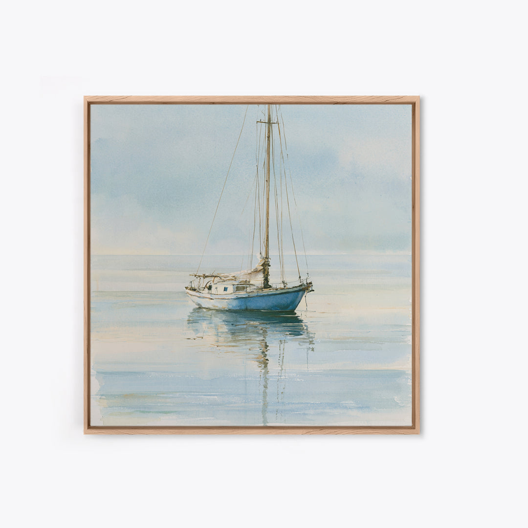 Quiet Sailboat on Glassy Water Framed Canvas Print, Seascape Art, Gallery Decor, Coastal Decor, Fine Art, Seascape, SEA-1x1-32
