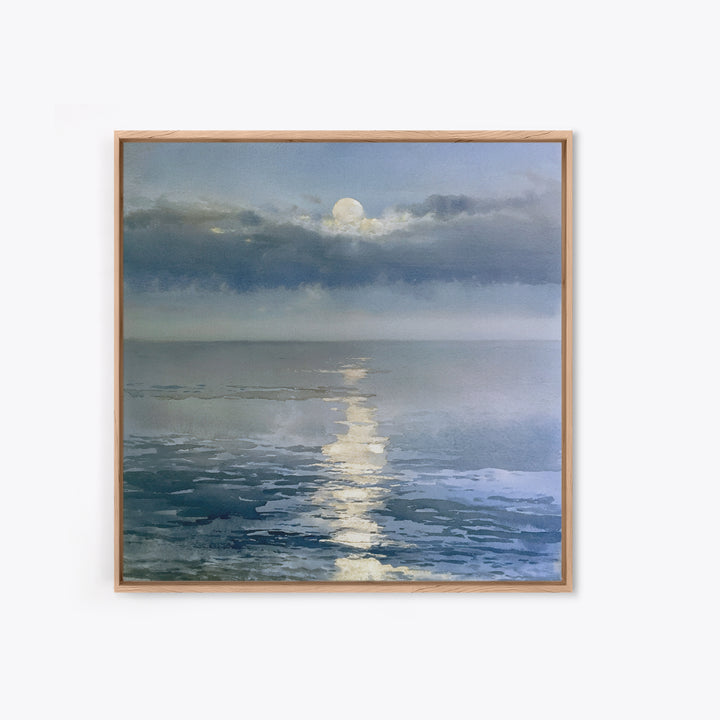 Moonlit Ocean with Silver Path of Light Framed Canvas Print, Seascape Art, Abstract Painting, Coastal Decor, Fine Art, Seascape, SEA-1x1-51
