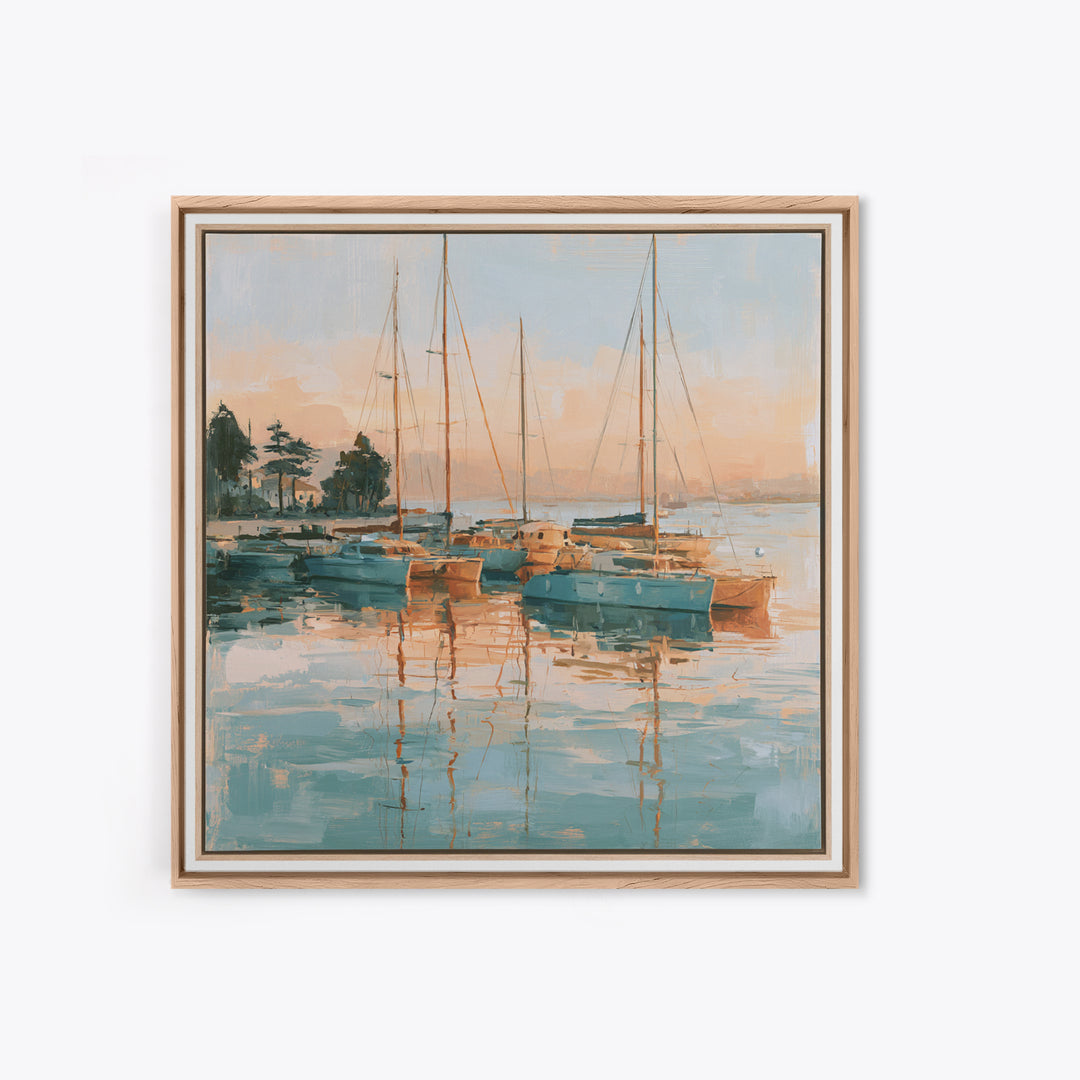 Mediterranean Harbor at Dawn Framed Canvas Print, Seascape Art, Living Room Wall Art, Coastal Decor, Fine Art, Seascape, SEA-1x1-70