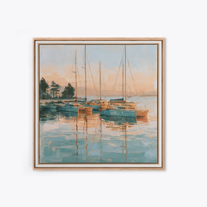 Mediterranean Harbor at Dawn Framed Canvas Print, Seascape Art, Living Room Wall Art, Coastal Decor, Fine Art, Seascape, SEA-1x1-70