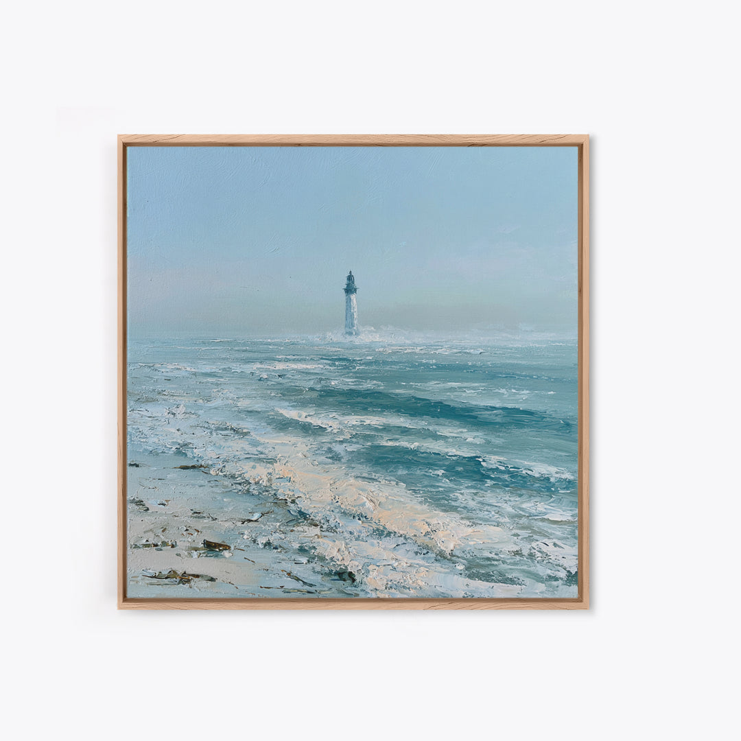 Dramatic Lighthouse in Distant Spray Framed Canvas Print, Seascape Art, Gallery Decor, Coastal Decor, Fine Art, Seascape, SEA-1x1-78