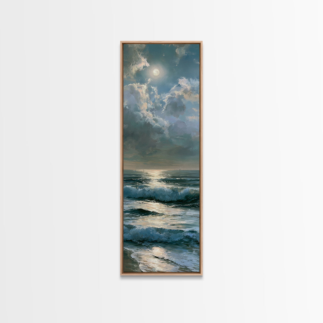 Moonlit Ocean with Silver Path of Light Framed Canvas Print, Seascape Art, Home Decor, Coastal Decor, Fine Art, Seascape, SEA-1x3-15