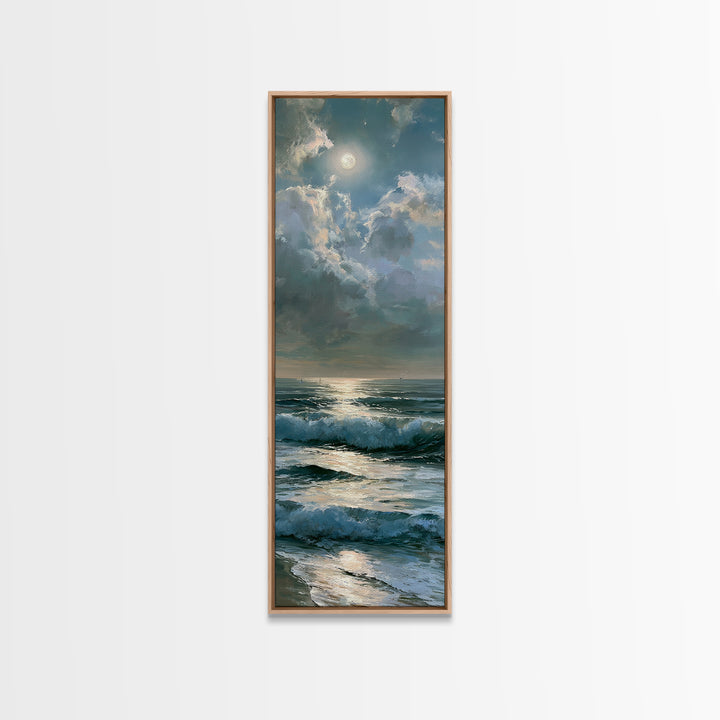 Moonlit Ocean with Silver Path of Light Framed Canvas Print, Seascape Art, Home Decor, Coastal Decor, Fine Art, Seascape, SEA-1x3-15