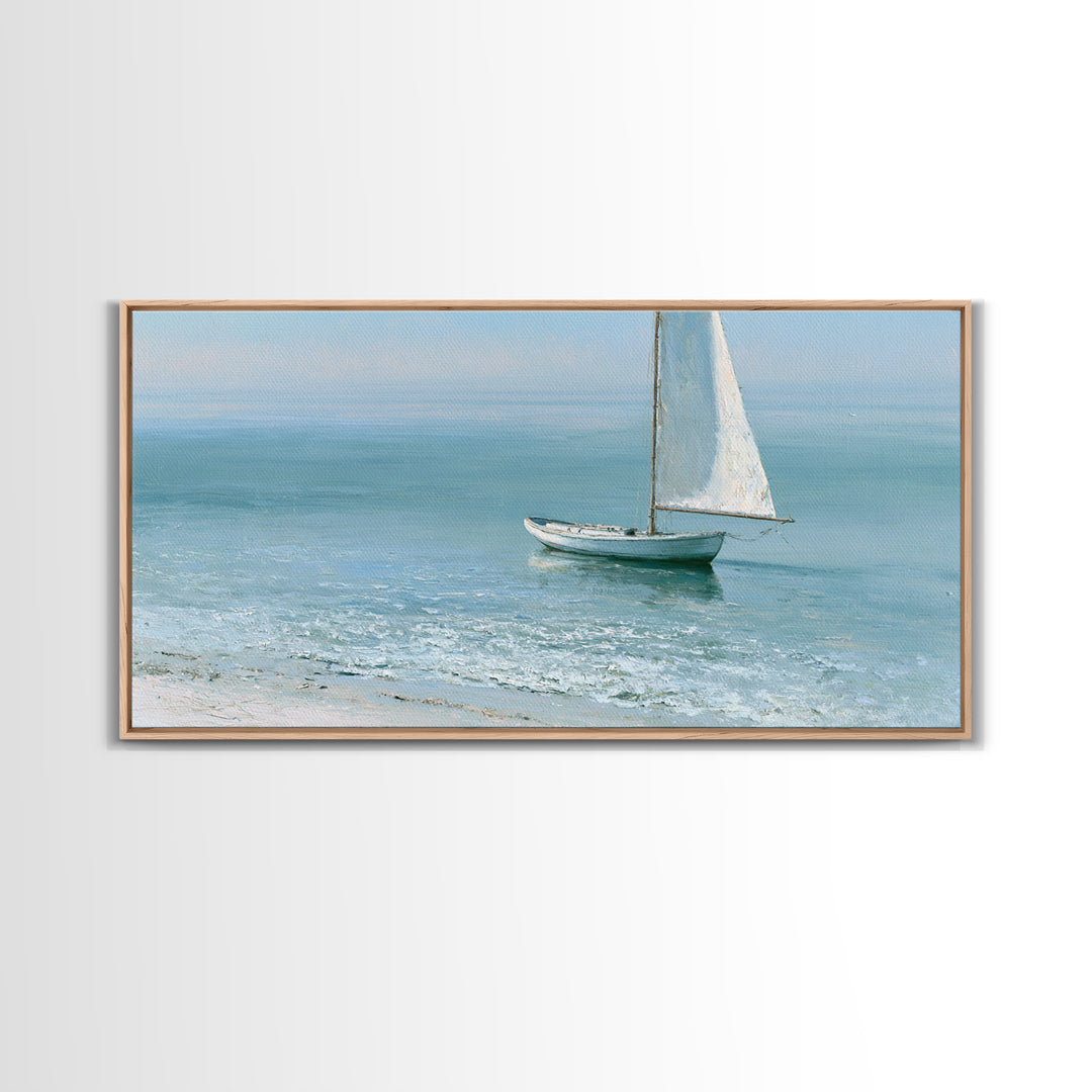 Quiet Sailboat on Glassy Water Framed Canvas Print, Seascape Art, Watercolor Painting, Coastal Decor, Fine Art, Seascape, SEA-2x1-100