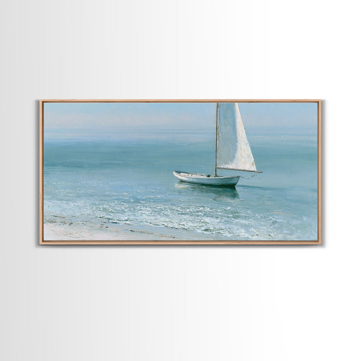 Quiet Sailboat on Glassy Water Framed Canvas Print, Seascape Art, Watercolor Painting, Coastal Decor, Fine Art, Seascape, SEA-2x1-100