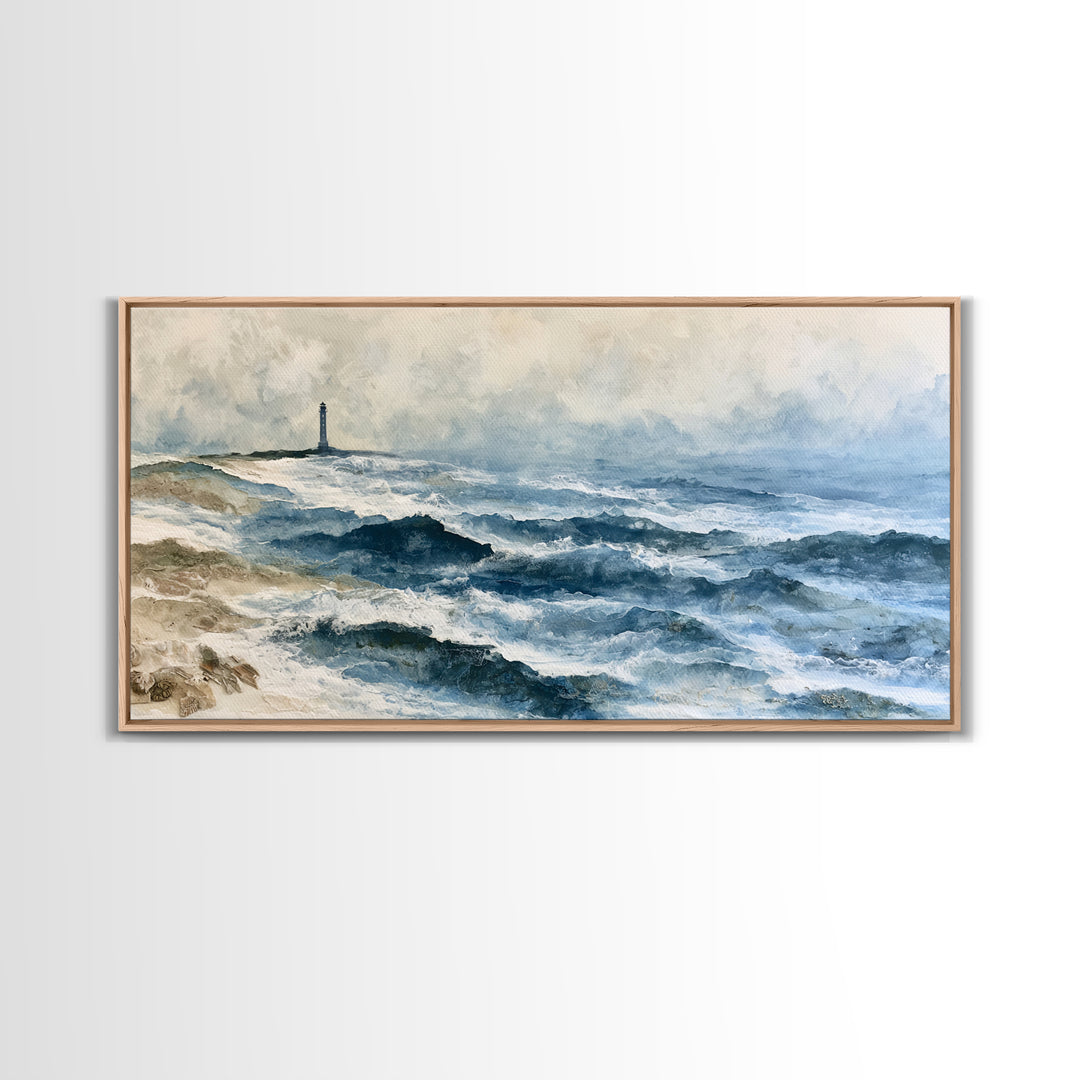 Dramatic Lighthouse in Distant Spray Canvas Print, Seascape Art, Boho Decor, Coastal Decor, Abstract Art, Seascape, SEA-2x1-26