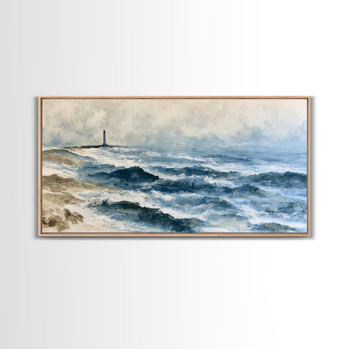 Dramatic Lighthouse in Distant Spray Canvas Print, Seascape Art, Boho Decor, Coastal Decor, Abstract Art, Seascape, SEA-2x1-26