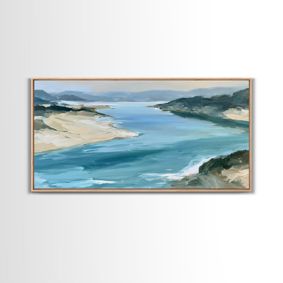 Coastal Cove with Turquoise Water Framed Canvas Print, Seascape Art, Wall Art Print, Coastal Decor, Watercolor Art, Seascape, SEA-2x1-59