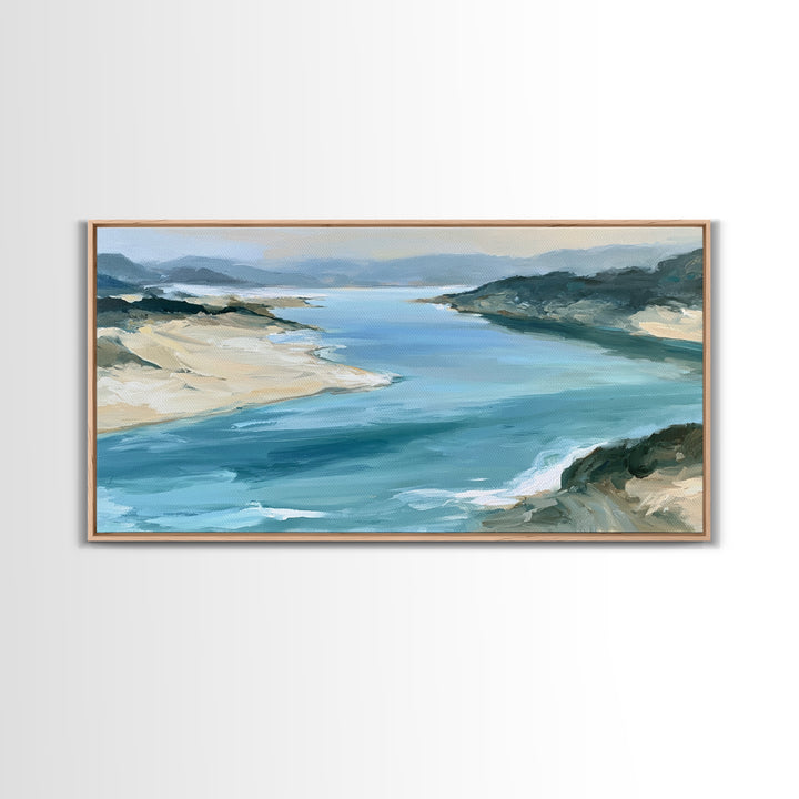 Coastal Cove with Turquoise Water Framed Canvas Print, Seascape Art, Wall Art Print, Coastal Decor, Watercolor Art, Seascape, SEA-2x1-59