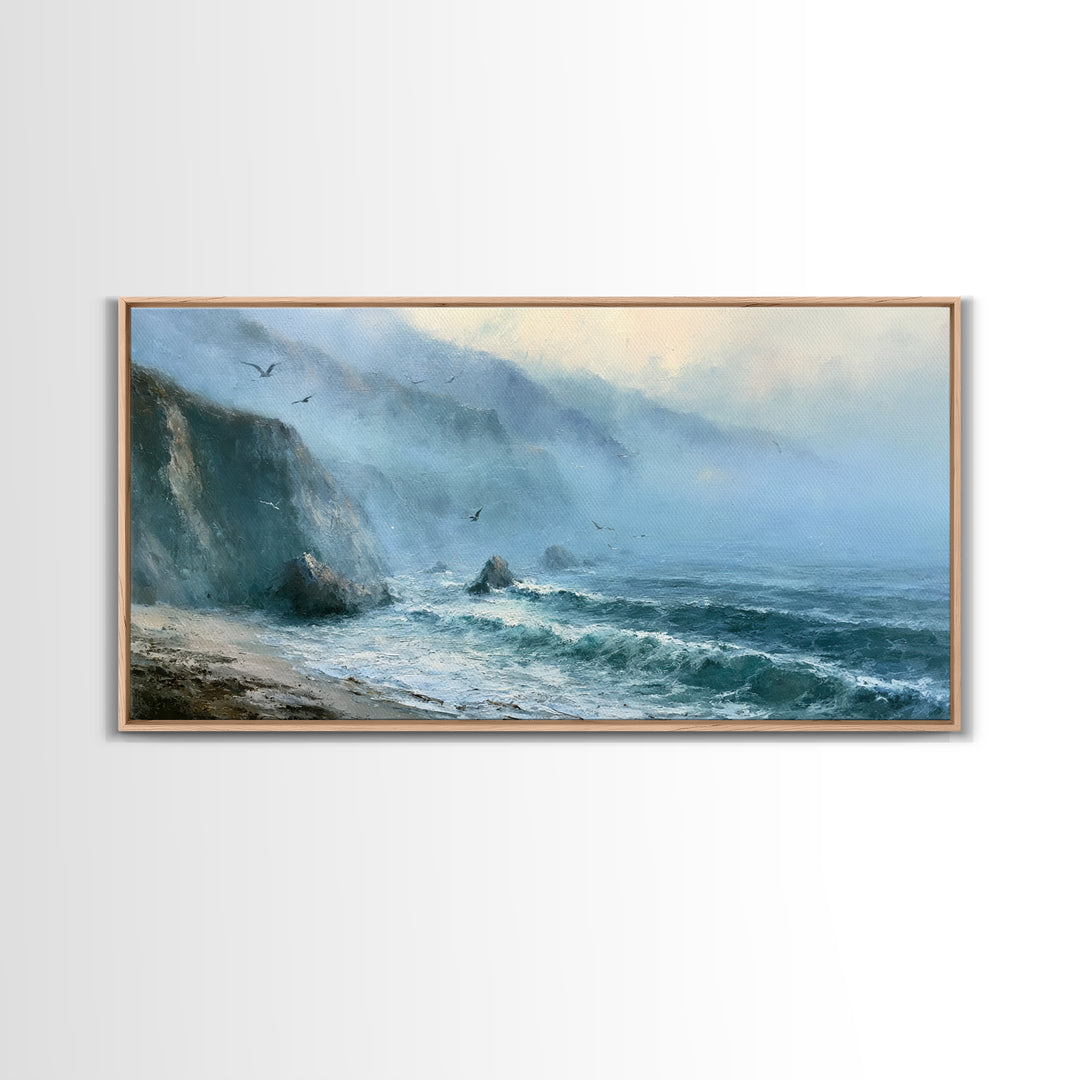 Misty Sea Cliffs Framed Canvas Print, Seascape Art, Abstract Art, Coastal Decor, Seascape, Nautical Decor, Coastal Wall Art, SEA-2x1-97