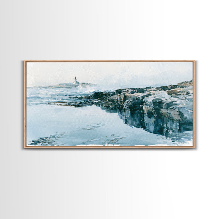 Dramatic Lighthouse in Distant Spray Canvas Print, Seascape Art, Coastal Decor, Watercolor Art, Seascape, Printable Art, SEA-2x1-98
