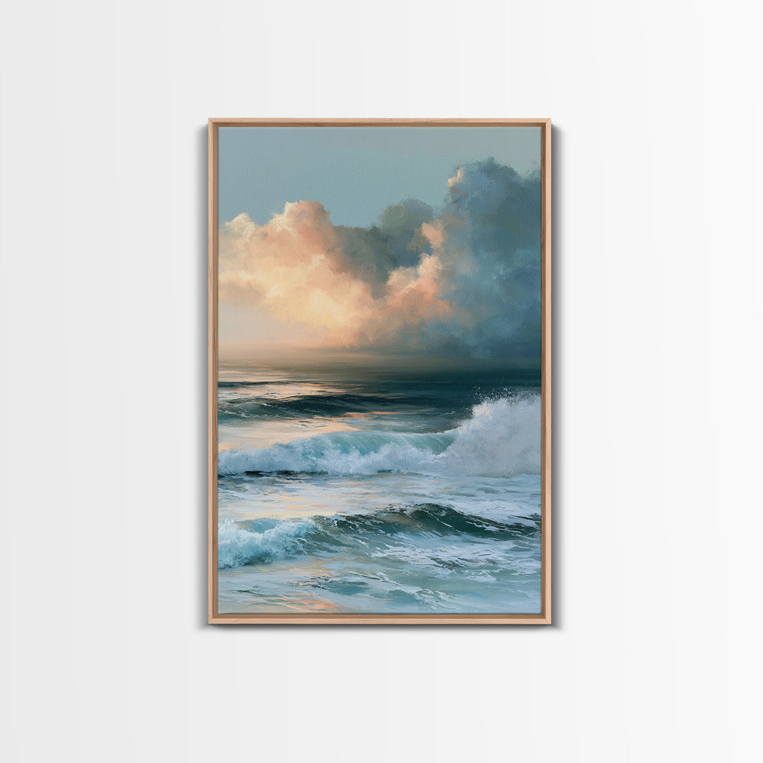 Whitecaps Rolling under Storm Light Framed Canvas Print, Seascape Art, Contemporary Art, Coastal Decor, Oil Painting, Seascape, SEA-2x3-21