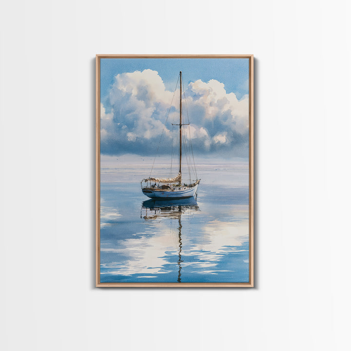 Quiet Sailboat on Glassy Water Framed Canvas Print, Seascape Art, Room Decor, Coastal Decor, Seascape, Digital Wall Art, SEA-2x3-64