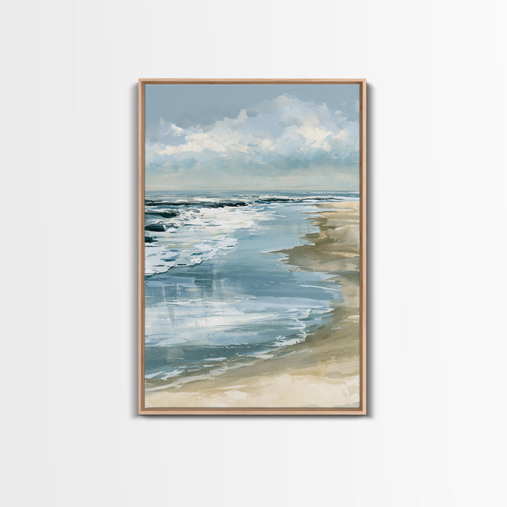 Golden Beach Tide at Low Water Framed Canvas Print, Seascape Art, Digital Prints, Coastal Decor, Watercolor Art, Seascape, SEA-2x3-98