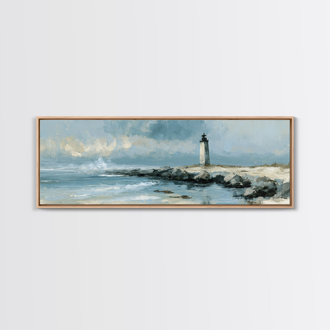 Dramatic Lighthouse in Distant Spray Canvas Print, Seascape Art, Digital Print, Coastal Decor, Seascape, Watercolor Art, SEA-3x1-46