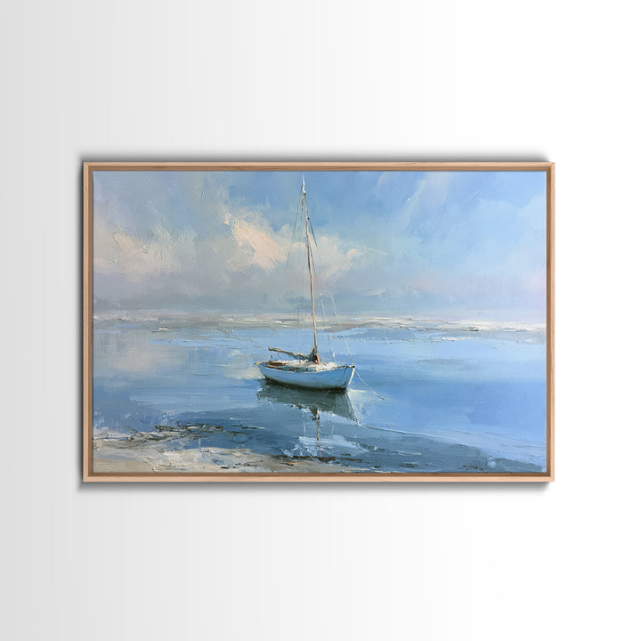 Quiet Sailboat on Glassy Water Framed Canvas Print, Seascape Art, Beach Decor, Coastal Decor, Seascape, Minimalist Decor, SEA-3x2-60