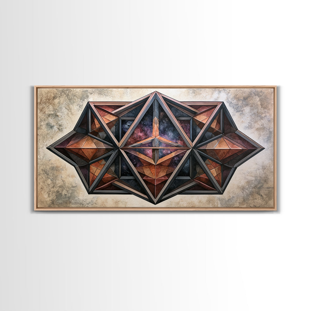 Star Tetrahedron with Watercolor Galaxy Wash Canvas Print, Sacred Geometry Art, Wabi Sabi Art, Living Room Decor, Geometry, SGA-2x1-100