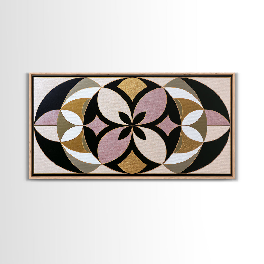 Black and Gold Geometric Rosette Framed Canvas Print, Sacred Geometry Art, Midcentury Modern, Living Room Decor, Geometry, SGA-2x1-80