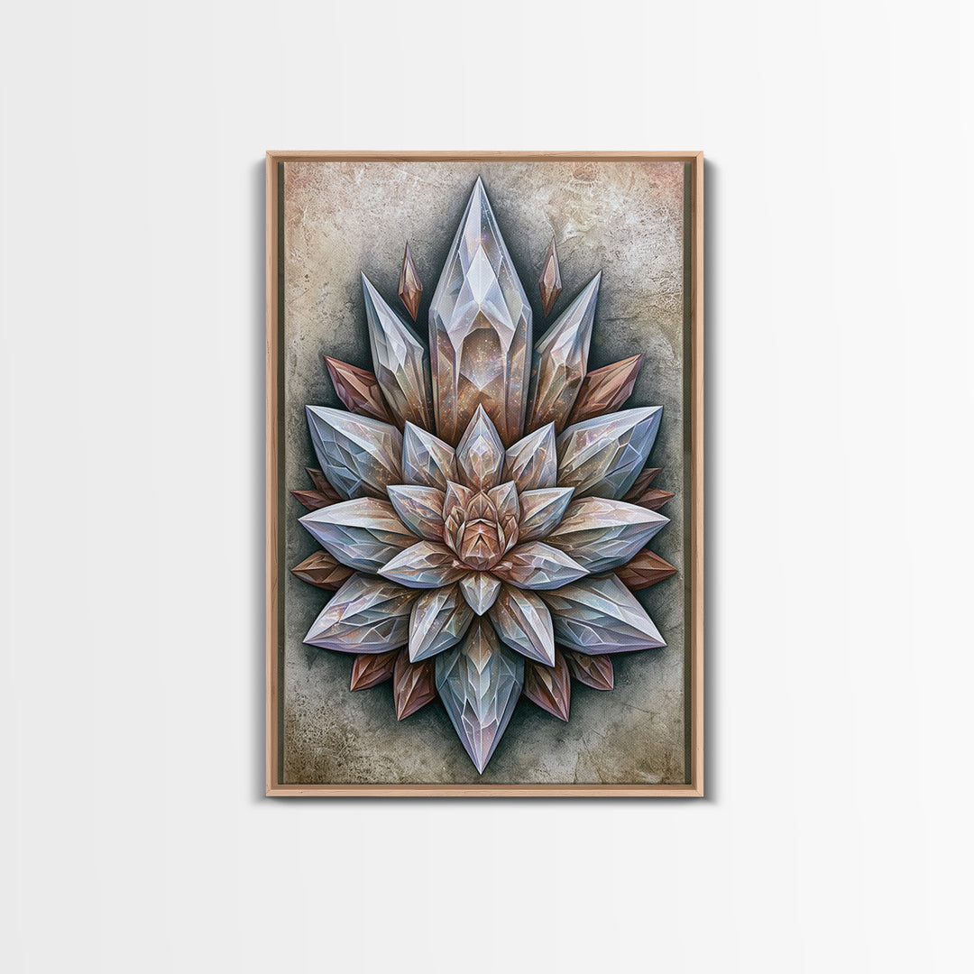 Crystal Lotus Arrangement Framed Canvas Print, Sacred Geometry Art, Boho Wall Decor, Living Room Decor, Fine Art, Geometry, SGA-2x3-28