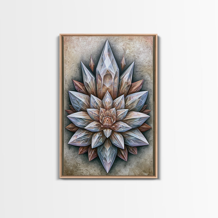 Crystal Lotus Arrangement Framed Canvas Print, Sacred Geometry Art, Boho Wall Decor, Living Room Decor, Fine Art, Geometry, SGA-2x3-28