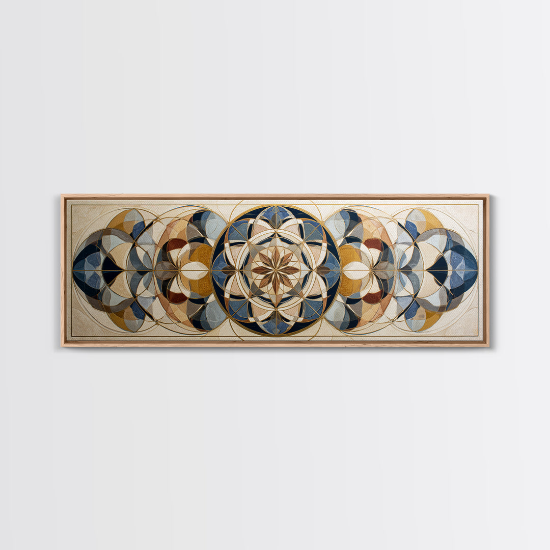 Gold Line Compass Mandala on Parchment Canvas Print, Sacred Geometry Art, Living Room Decor, Geometry, Mandala Wall Art, SGA-3x1-13