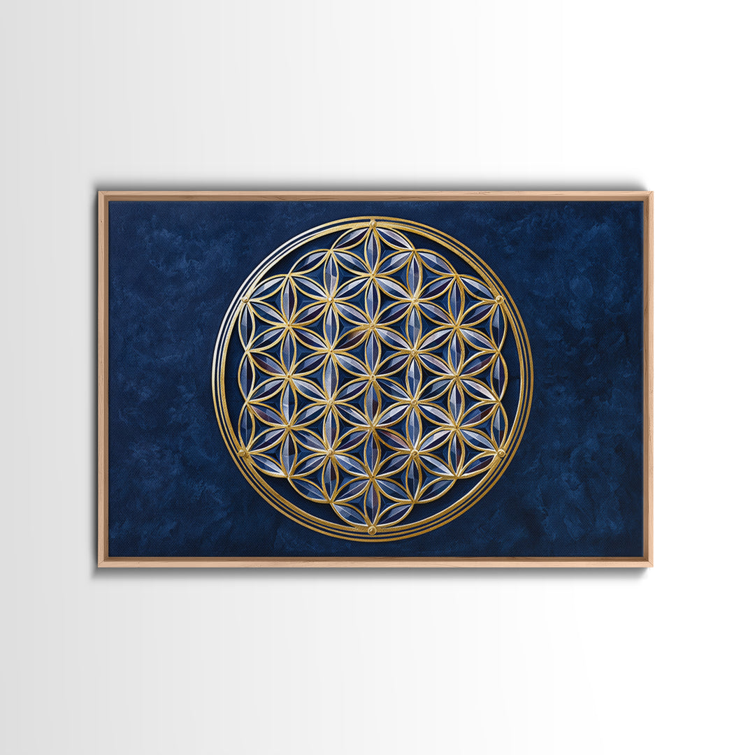 Flower of Life Pattern Framed Canvas Print, Sacred Geometry Art, Floral Prints, Living Room Decor, Oil Painting, Geometry, SGA-3x2-5