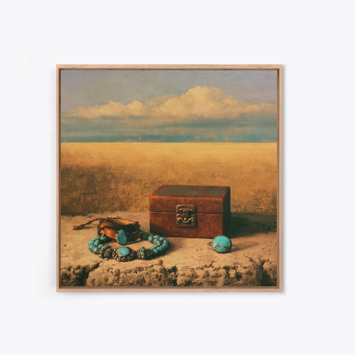 Turquoise Jewelry and Leather Still Life Framed Canvas Print, Southwestern Art, Boho Wall Art, Southwestern Decor, Mesa, SOU-1x1-11