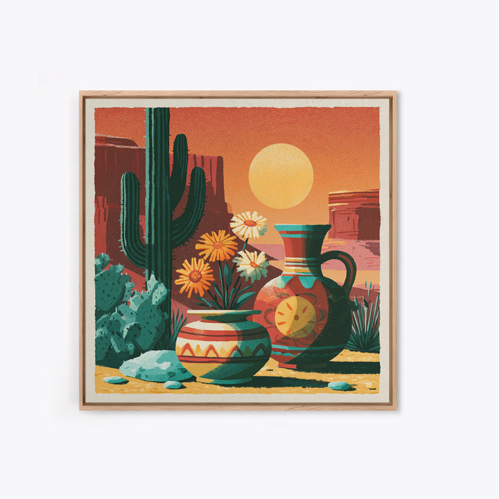 Painted Pottery and Desert Wildflowers Framed Canvas Print, Southwestern Art, Boho Decor, Southwestern Decor, Fine Art, Mesa, SOU-1x1-16