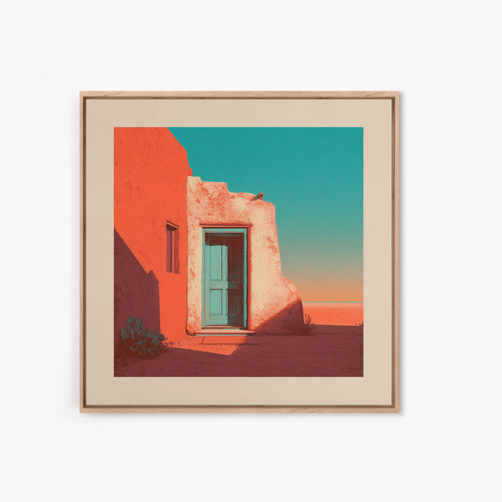 Adobe Doorway with Turquoise Blue Shadow Framed Canvas Print, Southwestern Art, Textured Painting, Southwestern Decor, Mesa, SOU-1x1-29