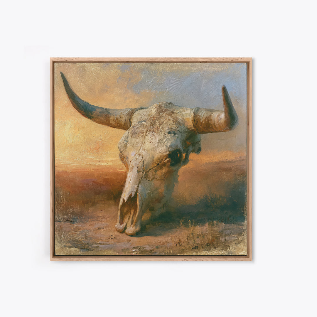 Sun Bleached Longhorn Skull Still Life Framed Canvas Print, Southwestern Art, Southwestern Decor, Abstract Art, Mesa, SOU-1x1-33