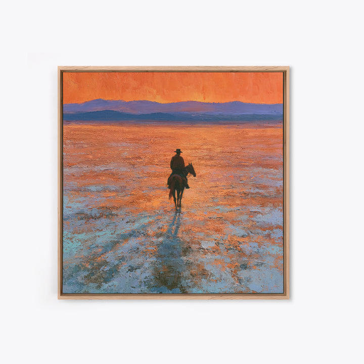 Horse Rider Crossing Desert at Dusk Framed Canvas Print, Southwestern Art, Farmhouse Wall Art, Southwestern Decor, Mesa, SOU-1x1-43