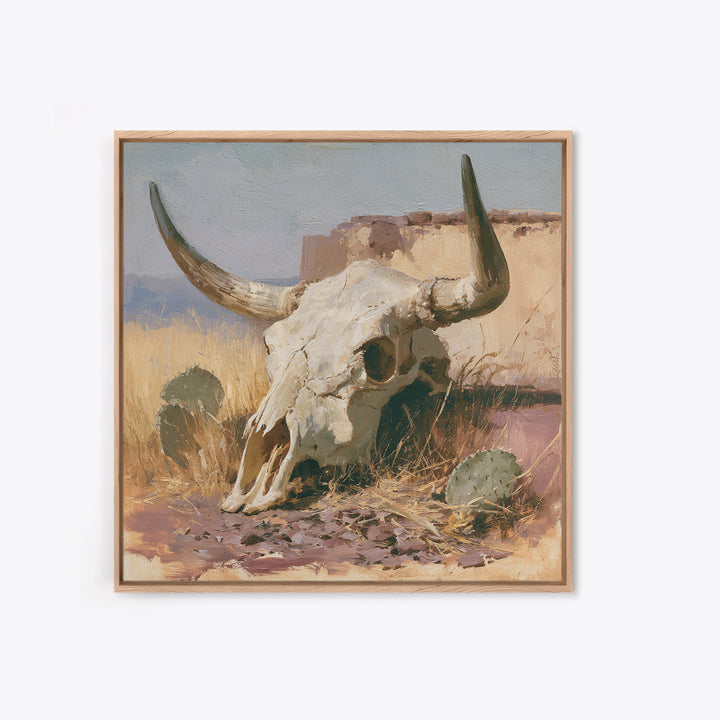 Sun Bleached Longhorn Skull Still Life Framed Canvas Print, Southwestern Art, Southwestern Decor, Abstract Art, Mesa, SOU-1x1-57