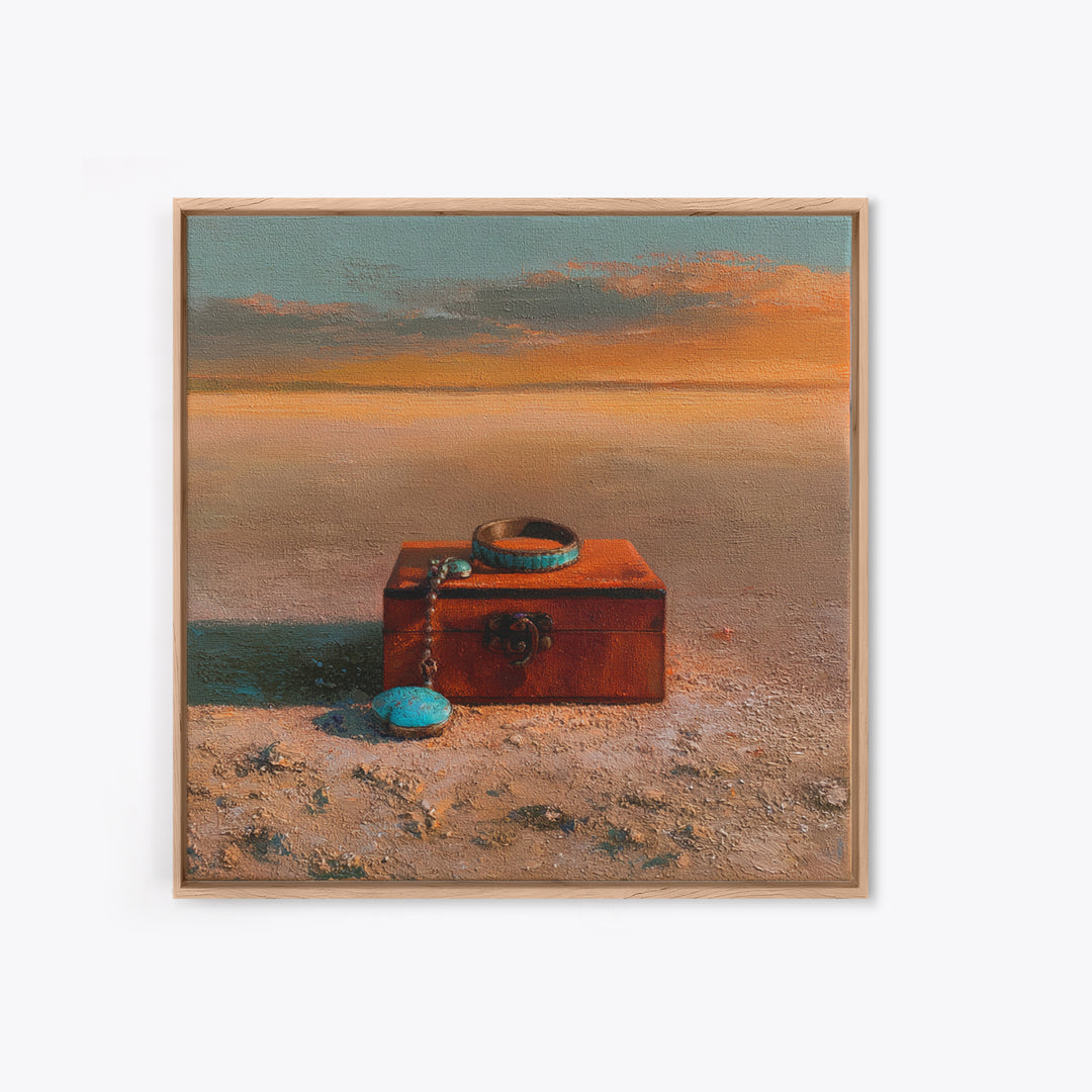 Turquoise Jewelry and Leather Still Life Canvas Print, Southwestern Art, Gallery Decor, Southwestern Decor, Fine Art, Mesa, SOU-1x1-59