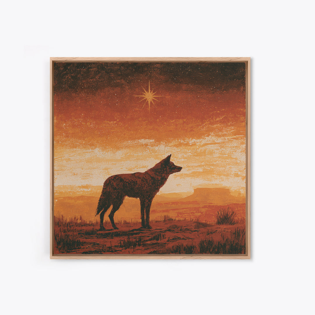 Coyote Silhouette Beneath Starry Sky Framed Canvas Print, Southwestern Art, Neutral Decor, Southwestern Decor, Fine Art, Mesa, SOU-1x1-63