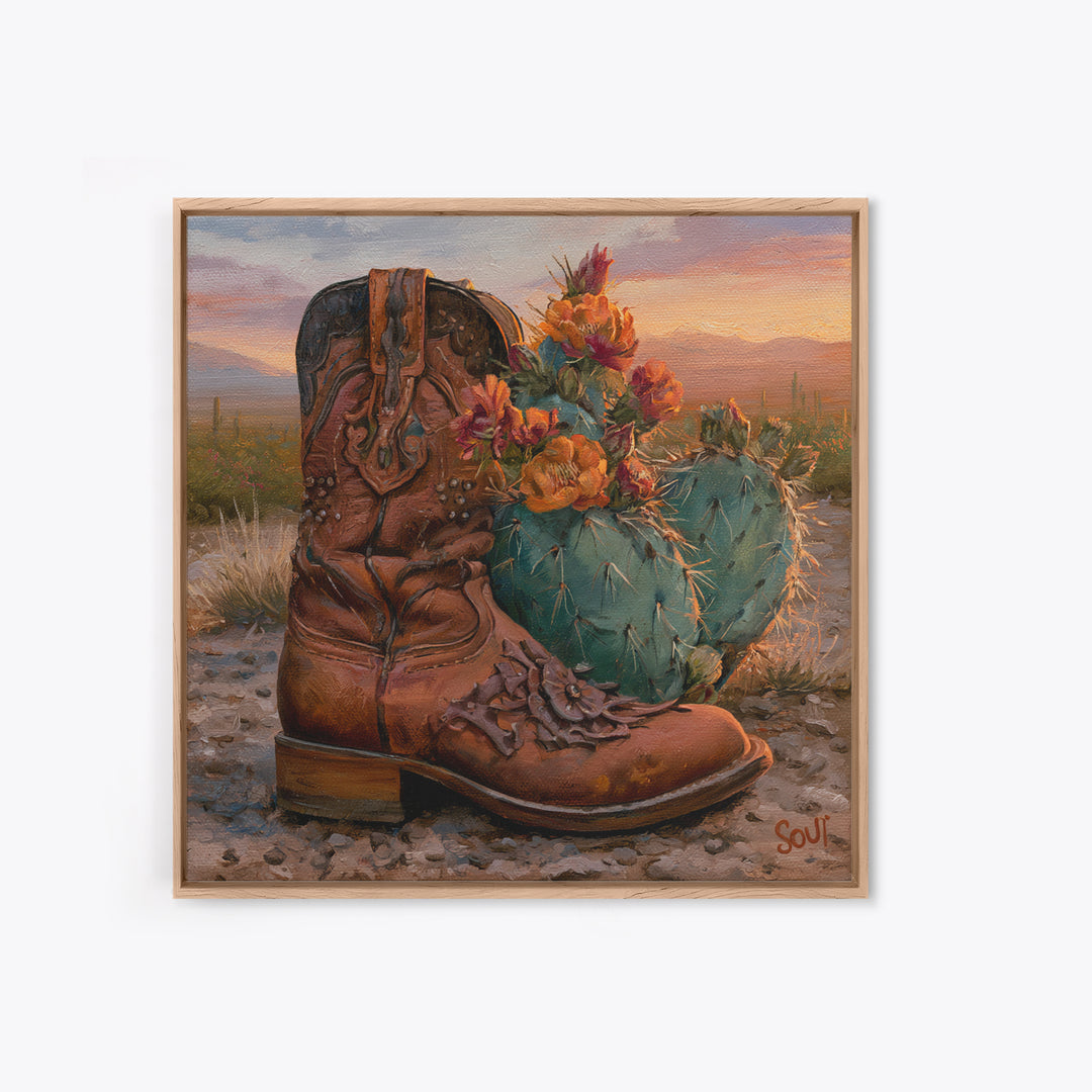 Western Boot with Cactus Blossoms Framed Canvas Print, Southwestern Art, Luxury Decor, Southwestern Decor, Fine Art, Mesa, SOU-1x1-65