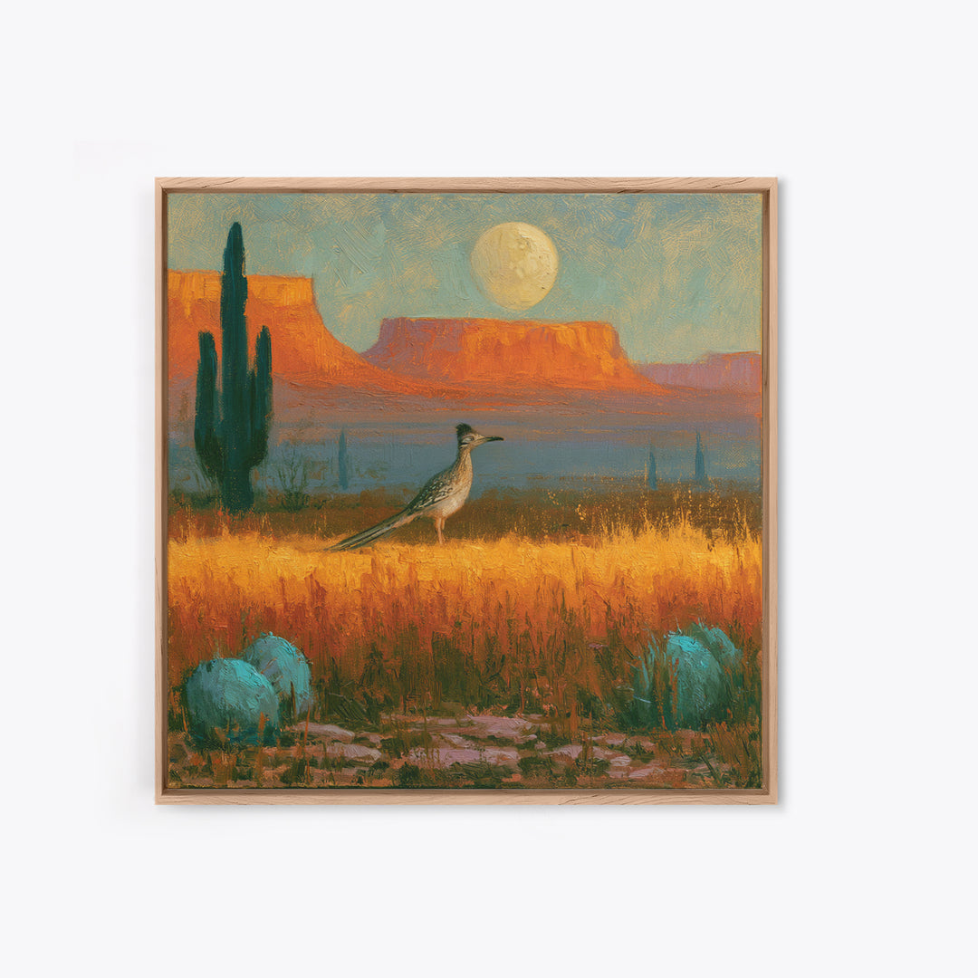 Roadrunner under a Pale Desert Moon Framed Canvas Print, Southwestern Art, Digital Wall Art, Southwestern Decor, Oil Painting, SOU-1x1-8